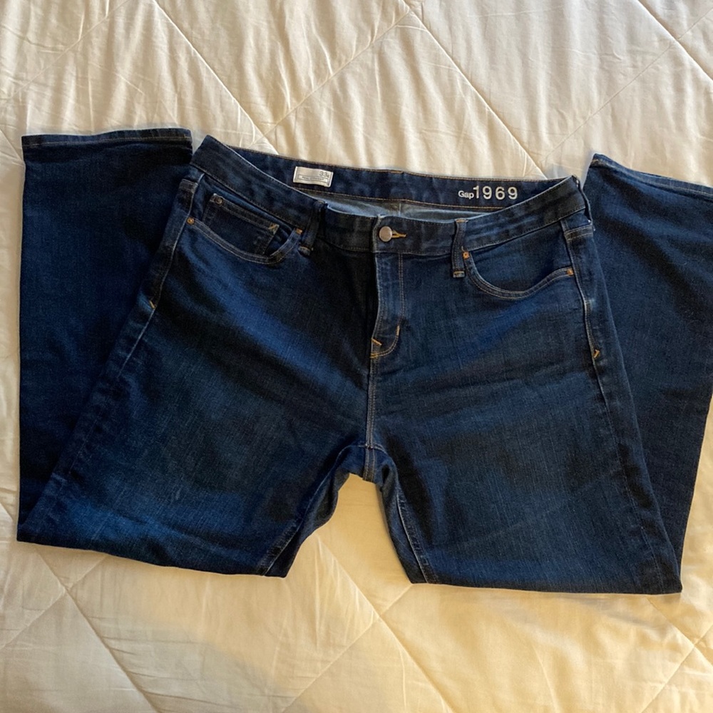 Gap 1969 dark blue denim jeans. 33 short. Real straight.